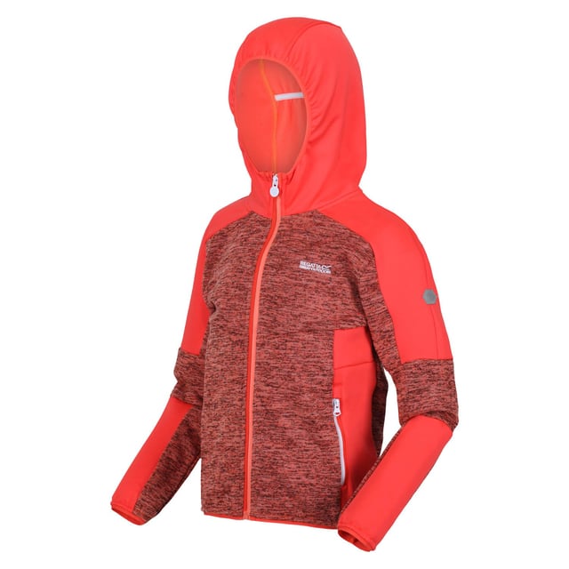 Regatta Juniors Dissolver V Full-Zip Fleece in Red The Dissolver V kids' fleece from Regatta is just the thing for kids on the go. The kids' fleece jacket is crafted with polyester and elastane for long-lasting stretch comfort. There are stretch panel inserts to keep little ones moving with ease. They can pull up the hood when it gets windy. The kids' fleece top is ideal for running, hiking and woodland adventures. The marl knit effect adds a stylish touch. With reflective trim and stretch binding. Material: 85% Polyester, 13% Viscose, 2% Elastane. Ref: RKA362FBN.