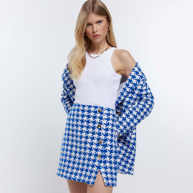 River Island Womens Mini Skirt Blue Dogtooth Boucle