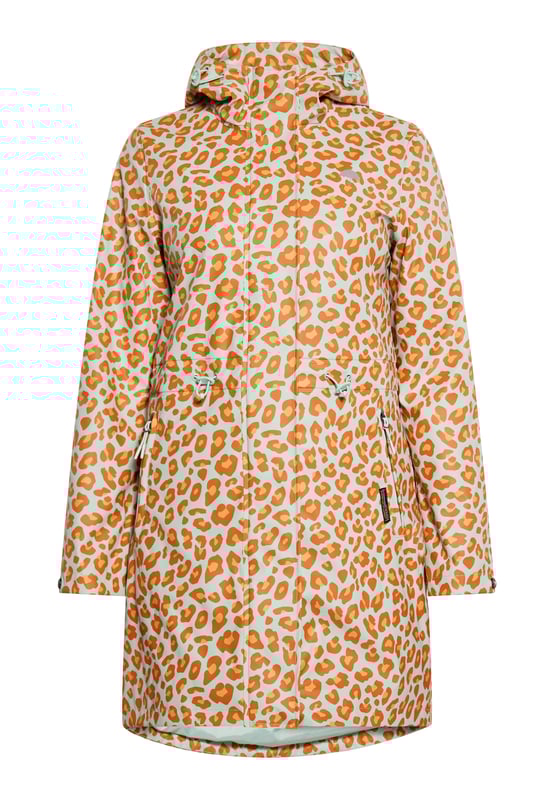 Betonen Sie Ihren Regentagsstil mit dieser Regenjacke mit Leopardenmuster. Die Jacke hat eine normale Passform und eine Länge bis zur Mitte des Oberschenkels, eine verstellbare Kapuze und verschweißte Nähte für Wasserbeständigkeit. Der Reißverschluss ist unter Druckknöpfen versteckt und zwei Fronttaschen sorgen für Funktionalität. Jacke mit langen Ärmeln und verstellbaren Kordelzügen in der Taille. Gehen Sie hinaus in diesen Parka mit Gepardenmuster, der sowohl modisch als auch funktional ist. Die Jacke besteht aus 3000 mm wasserdichtem Stoff.  regenparka