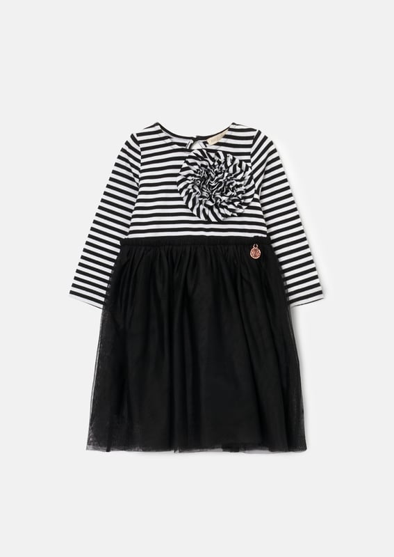 Channel Parisian vibes in our super soft stripe jersey bodice dress with a showstopping corsage and a sumptuous skirt crafted from layers of soft mesh. Merci!.