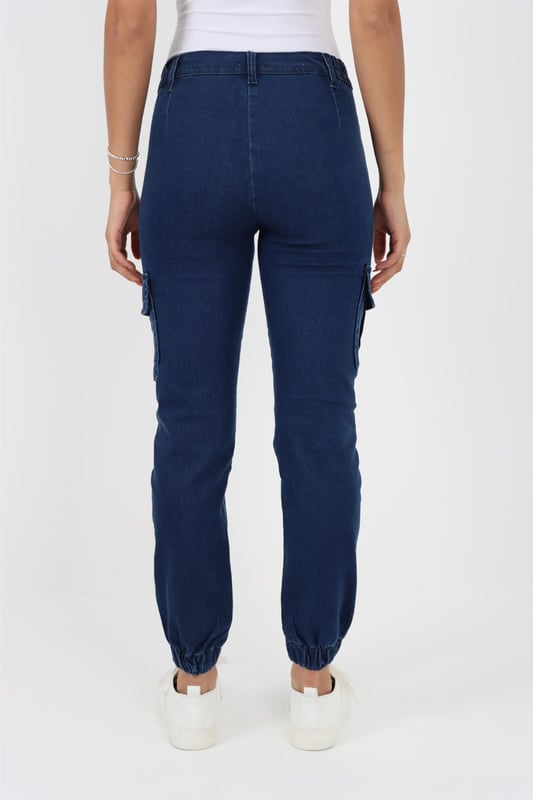 Womens Side Elastic Waist Self Cuffed Jeans in Dark Stonewash