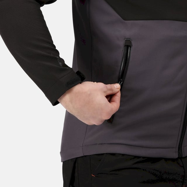 Material: 96% Polyester, 4% Elastane. Fabric: Softshell. Design: Contrast, Logo, Panel. Lightweight, Pull Tab. Fabric Technology: Stretchable, Water Repellent, Windproof. Neckline: High-Neck, Hooded. Cuff: Hook And Loop Strap, Stretch Binding. Sleeve-Type: Long-Sleeved, Raglan. Hood Features: Drawcord. Pockets: 2 Zip Pockets. Fastening: Full Zip. Hem: Stretch Binding.