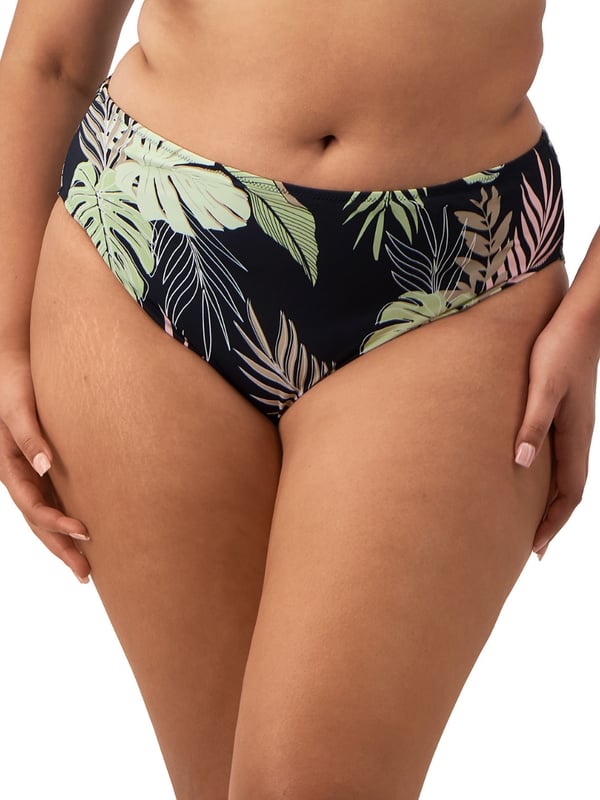 Elomi Tropical Retreat Bikini Brief. Mid rise swimwear brief made with Lycra Xtra Life and fully lined. This product is recommended as gentle wash only.
