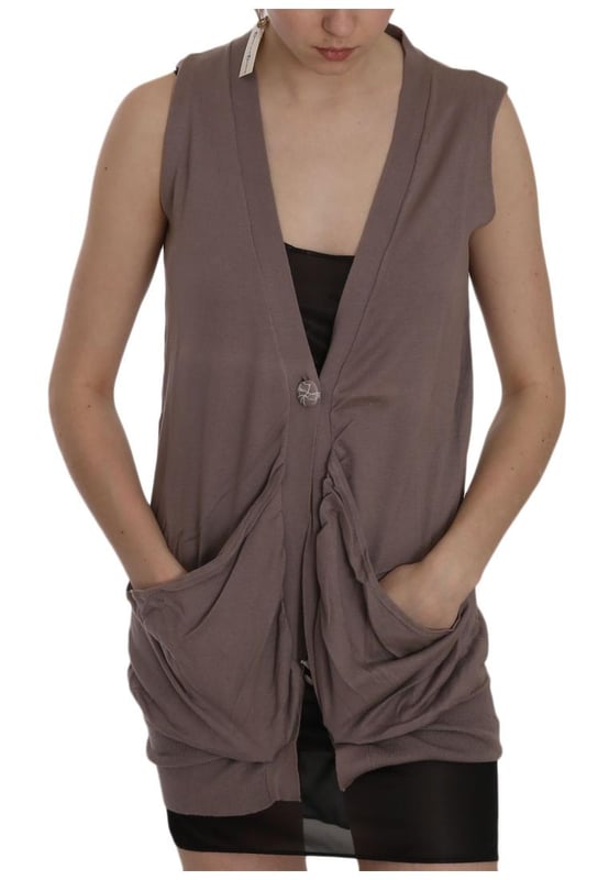 Brand: PINK MEMORIES
  Model: Sleeveless Cardigan Top
  Color: Brown
  Material: 100% Cotton
  One button closure
  Two front pockets
  Logo details