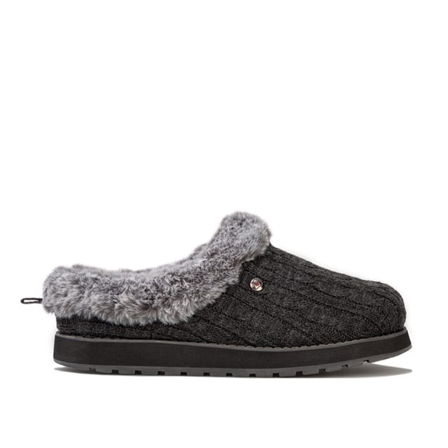 Womens Skechers Keepsakes Ice Angel Slippers in charcoal.<BR><BR>Slip on casual comfort clog slipper.<BR>- Soft cable rib knit upper.<BR>- Plush faux fur topped insole and collar trim.<BR>- Slip on design with lowered back for easy on-off.<BR>- Heel pull on tab.<BR>- Metal BOBS brand tab to side.<BR>- Memory Foam cushioned comfort insole.<BR>- Flexible rubber indoor - outdoor traction outsole.<BR>- 1in built in heel.<BR>- Textile upper and lining  Synthetic sole.<BR>- Ref: 31204-CCL