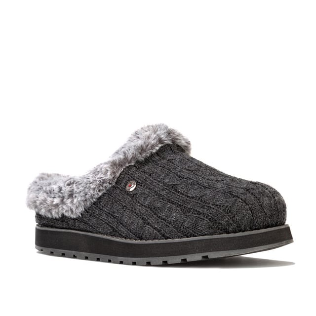 Womens Skechers Keepsakes Ice Angel Slippers in charcoal.<BR><BR>Slip on casual comfort clog slipper.<BR>- Soft cable rib knit upper.<BR>- Plush faux fur topped insole and collar trim.<BR>- Slip on design with lowered back for easy on-off.<BR>- Heel pull on tab.<BR>- Metal BOBS brand tab to side.<BR>- Memory Foam cushioned comfort insole.<BR>- Flexible rubber indoor - outdoor traction outsole.<BR>- 1in built in heel.<BR>- Textile upper and lining  Synthetic sole.<BR>- Ref: 31204-CCL