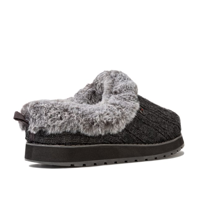 Womens Skechers Keepsakes Ice Angel Slippers in charcoal.<BR><BR>Slip on casual comfort clog slipper.<BR>- Soft cable rib knit upper.<BR>- Plush faux fur topped insole and collar trim.<BR>- Slip on design with lowered back for easy on-off.<BR>- Heel pull on tab.<BR>- Metal BOBS brand tab to side.<BR>- Memory Foam cushioned comfort insole.<BR>- Flexible rubber indoor - outdoor traction outsole.<BR>- 1in built in heel.<BR>- Textile upper and lining  Synthetic sole.<BR>- Ref: 31204-CCL