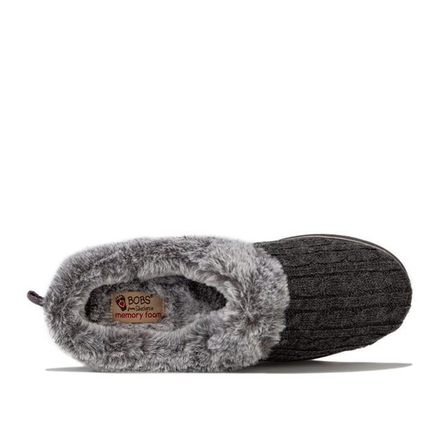 Womens Skechers Keepsakes Ice Angel Slippers in charcoal.<BR><BR>Slip on casual comfort clog slipper.<BR>- Soft cable rib knit upper.<BR>- Plush faux fur topped insole and collar trim.<BR>- Slip on design with lowered back for easy on-off.<BR>- Heel pull on tab.<BR>- Metal BOBS brand tab to side.<BR>- Memory Foam cushioned comfort insole.<BR>- Flexible rubber indoor - outdoor traction outsole.<BR>- 1in built in heel.<BR>- Textile upper and lining  Synthetic sole.<BR>- Ref: 31204-CCL