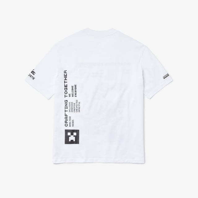 Mens Lacoste Minecraft T- Shirt in white.- Ribbed crewneck.- Short sleeves.- Tone-on-tone silicone crocodile at bottom of garment.- Loose fit.- 100% Cotton.- Ref: TH3802001