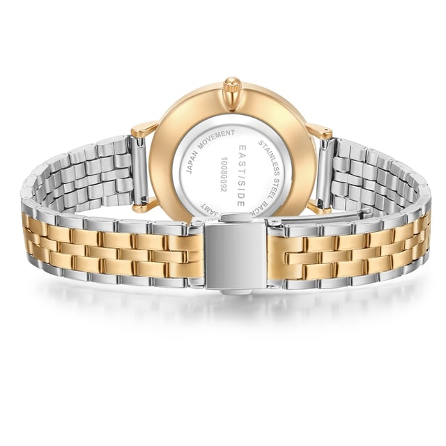 Classic elegance and modern lifestyle combine in the design concept of this women's watch in the Eastside label. Inspired by stylish watch classics and at the same time the pulsating charm of New York, an exceptional timepiece is created. The minimalist dial with delicate line indices, simple stickers and a date display convinces all watch lovers. The yellow-gold metal housing and the partially IP-coated bicolor-steel bracelet in the timeless limb strap look harmonize in sound. A high-quality safety folding and a quartz clock ensure maximum comfort and durable precision.