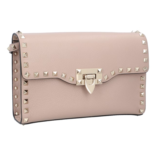 Simple in size and shape, this Rockstud small crossbody bag from Valentino will never go out of style. Made from grainy calfskin leather, it boasts platinum-finish studs and hardware, hook closure, an adjustable strap, cotton lining, and a flat open pocket. - Bag measures approximately 22.5cm x 15cm x 6cm.