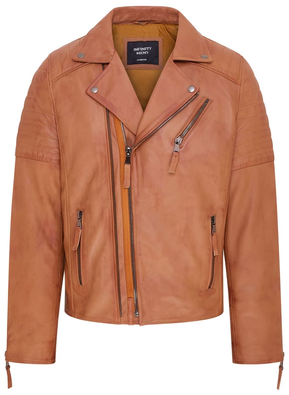 La pieza central de un look atemporal, esta chaqueta está confeccionada con piel de napa de grano completo para lograr una silueta de motociclista elegante y de corte ajustado. Los llamativos detalles de esta prenda incluyen detalles acanalados en los hombros y un cuello ancho tradicional. La parte delantera de la chaqueta está acentuada con una cremallera doble y cuenta con un bolsillo con cremallera inclinado en el pecho, así como otros dos bolsillos con cremallera. Esta chaqueta viene en una gama de colores para adaptarse a una variedad de gustos, lo que permite que todos encuentren su estilo ideal en esta clásica pieza de estilo Brando. • 100% piel de napa ultra suave de primera calidad. • Bolsillo en el pecho con cremallera inclinada • Doble cremallera delantera, etiquetada para facilitar su uso • Solapas anchas con botones a presión • Bolsillos integrados en el forro de la chaqueta • Detalles acanalados en los hombros • Puños con cremallera elegantes
