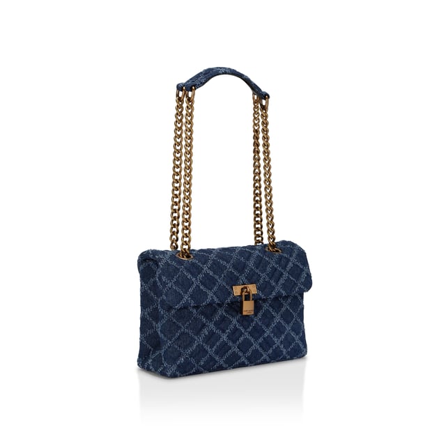 The Kurt Geiger Brixton Lock Bag is crafted from a denim with frayed quilted design. There is an antiqued brass branded padlock on the front flap. 17cm (H), 26cm (L), 8cm (D) Strap drop cross body: 108cm Strap drop shoulder: 65cm