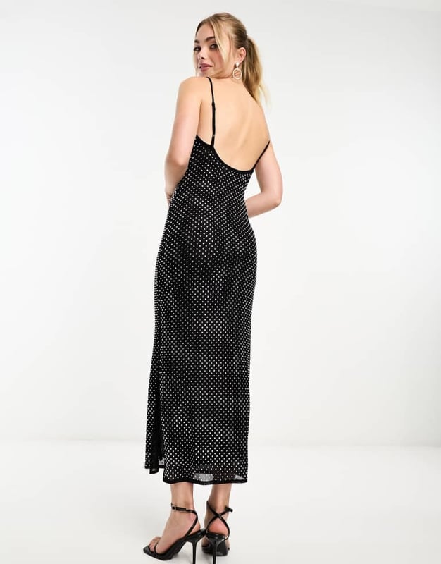 Miss Selfridge hotfix cami slip midi dress in black Dresses by Miss Selfridge Coming soon to your IG feed All-over diamante embellishment Square neck Adjustable straps Side split Slim fitSold By: Asos