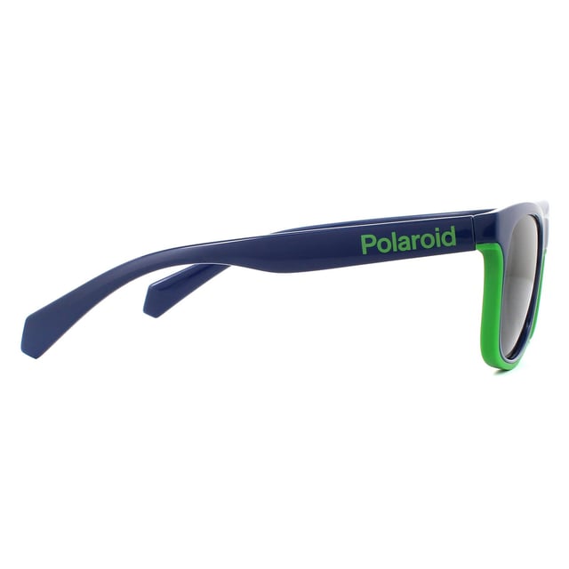 Polaroid Kids Sunglasses PLD 8041/S RNB M9 Blue Green Grey Polarized are a classic wayfarer style for kids. The lightweight acetate frame is super comfortable for all day wear with the  Polarized lenses ensuring a comfortable glare free view.