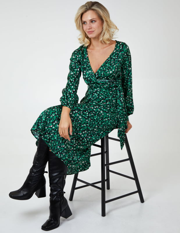 Print Waist Wrap Pleated Vacation Dress