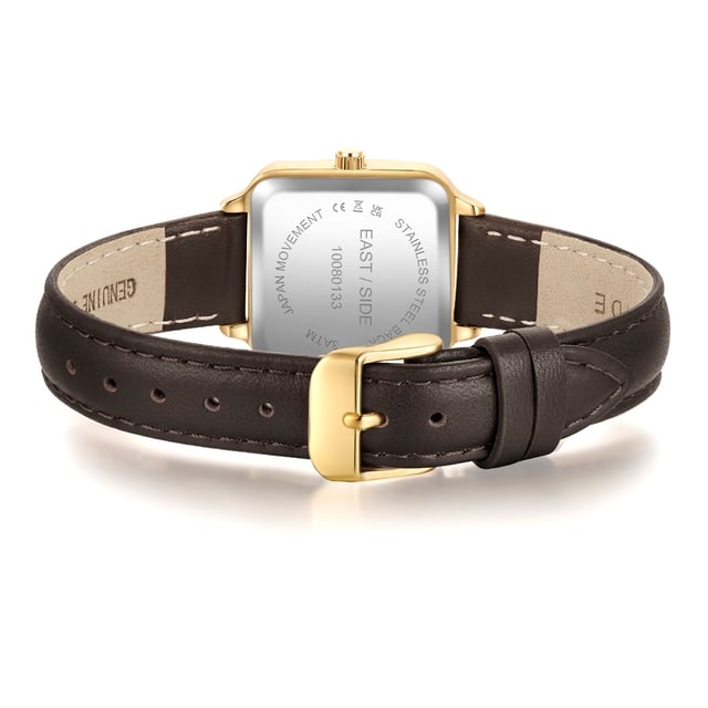 GENERAL INFORMATION:  • Targetgroup: Female  • Wristwatch: No Special Functions  • Display: analogue  • Weight of watch w/o box (gr.) - approx.: 23  MOVEMENT:  • Movement: Quartz  • Term of Movement: 2025  • Origin of movement: Japan  BRACELET:  • Material of bracelet/strap: Genuine leather  • Plating of bracelet/strap: None  • Finishing of bracelet/strap: Smooth  • Finishing/Decoration of bracelet/strap: None  • Clasp/Closure/Buckle: Buckle  • Color of bracelet/strap: Brown  • Length of bracelet/strap (mm) approx.: 190,0  • Width of bracelet/strap (mm) approx.: 14,0  • Style/Design of bracelet/strap: No imprint  • Bracelet/strap adjustable?: No  CASE:  • Shape of case: Square  • Size/Diameter of case in mm . approx.: 25,0 x 32,0  • Height of case in mm: 8,1  • Case material: Metal (Alloy)  • Surface of case: Polished  • Bezel/Topring: Fixed  • Finishing/Decoration of case: None  • Material of case back: Stainless steel  • Lock of case back: No screwed-in crown  • Color of case: Yellowgold  • Coating/Plating (Case): Ion-Plating (IP)  • Type/Form of crystal: Flat  • Material of crystal: Mineral crystal  DIAL:  • Size jewelry care cloth: Hour, Minute  • Indices: Line indices  • Material of dial: Mother of Pearl (MOP)  • Structure/pattern of dial: Flat  • Color of dial: Green  PUSHER, CROWN, HAND:  • Pusher: None  • Corrector: No  • Crown: No screwed-in crown  • Type of hands: Pole hand  • Luminescent (hands): No  PACKAGING & SCOPE OF DELIVERY:  • Box: Yes  • Service booklet: Yes  • Manual: Yes