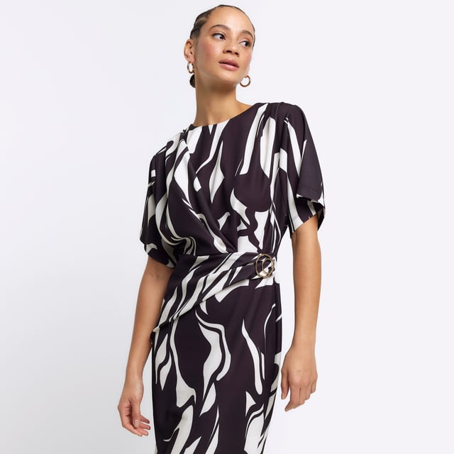River Island Womens Wrap Bodycon Midi Dress Black Abstract
