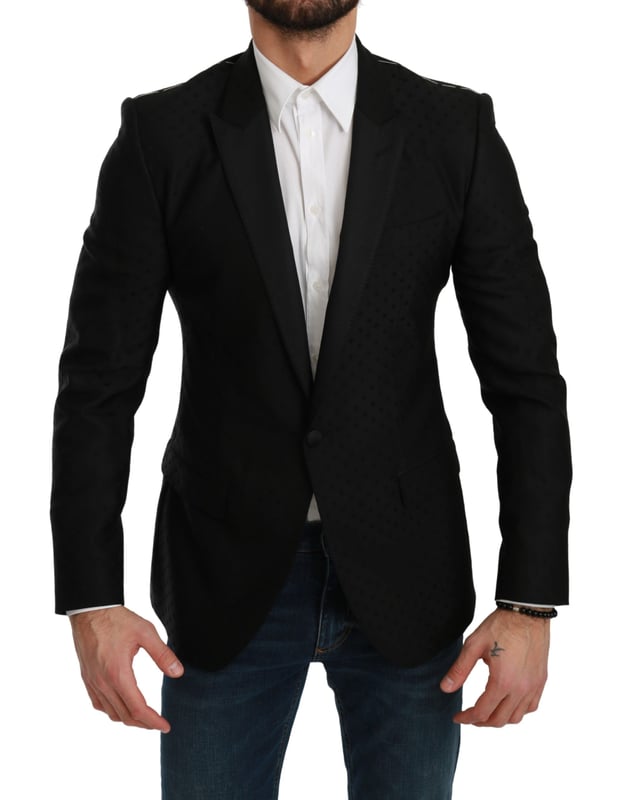 Color: Black polka dotted pattern
  Model: Single breasted one piece formal jacket blazer coat
  Material: 50% Virgin Wool 50% Rayon
  Inner Lining: 100% Silk
  Fit: Slim Fit
  One front button closure
  Three front pockets
  Three inside pockets
  Logo details
  Made in Italy
Material: 50% Virgin Wool 50% Rayon