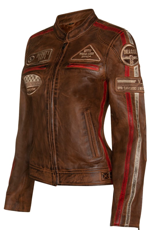 Finished in our premium nappa leather and detailed with our embroidered vintage badges, racing enthusiasts look no further. The classic biker style is leveled up with the addition of twin contrasting racing stripes on the sleeves and a thoughtful placement of racing badges to make this iconic piece. The jacket still stays true to its biker roots with a classic short tab collar and two zip pockets positioned at the breast for a traditional look. For additional storage find two hand pockets at the waist to ensure this jacket is as practical as it is stylish. â€¢ 100% premium ultra-soft nappa leather. â€¢ Four exterior pockets â€¢ Racing style stripes on each of the jacket sleeves â€¢ Full length YKK zip on the front â€¢ Embroidered racing style badges featured across the jacket front and sleeves