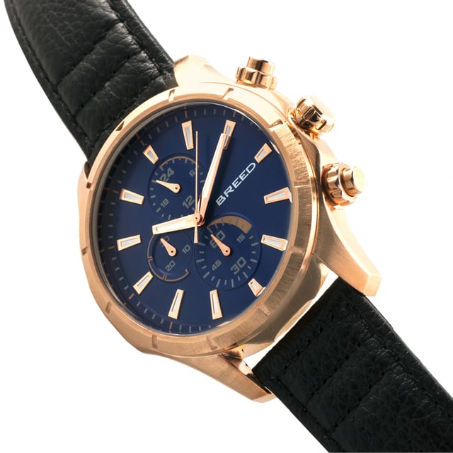 Brushed Alloy Case; Precision Japanese Quartz Movement; Full-Function Chronograph; Non-Glare Scratch Resistant Mineral Crystal; Logo-Engraved Stainless Steel Caseback; Genuine Leather Crocodile-Embossed Strap; Logo-Engraved Stainless Steel Clasp; Luminous Hands; Luminous Markers; 24-Hour Sub-Dial; 47mm Case Diameter; 5 ATM Water Resistance;
