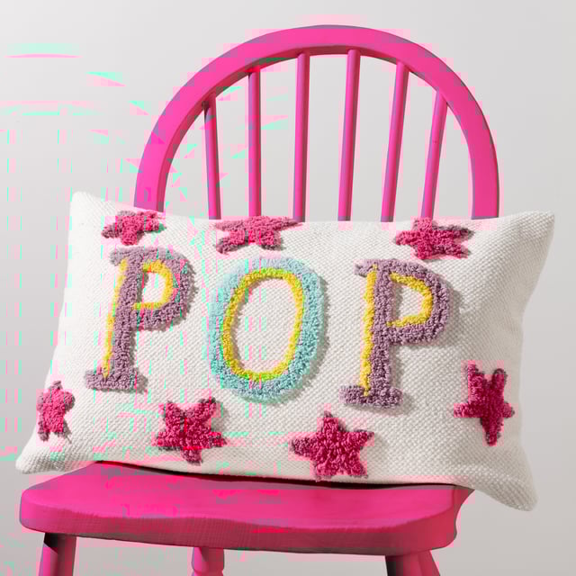 A quirky little cushion which brings life to all interior settings. Tufted cotton is sewn onto a thick woven base in the shape of stars and 3D letters which spell out the word, 'P.O.P, in happy, vibrant colours'. An ideal way to add a POP of happiness to your home.