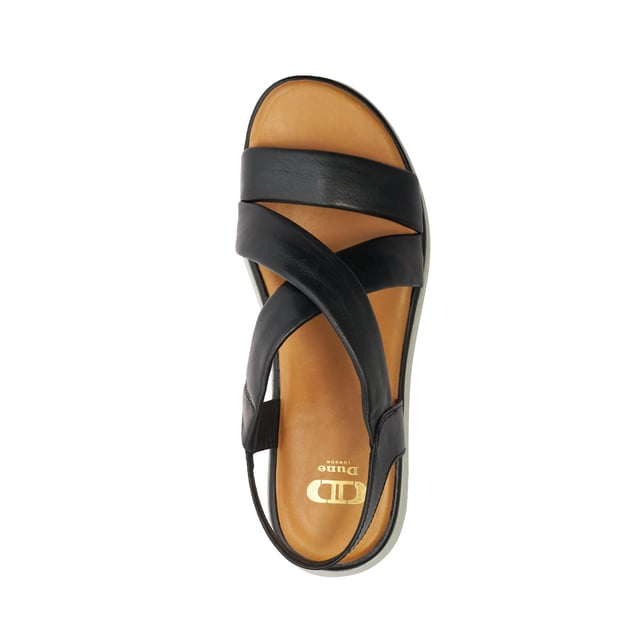 Dune Ladies Lounge - Chunky Leather Sandals Slide into our effortlessly stylish Lounge sandals. The leather straps cross over the front of the foot, and we love the directional look of the trend-led tractor sole. Complete with a square toe the contrasting leather sole is ultra-smooth and features our bespoke Dune London logo, making this style a covetable choice for any woman's summer sandal collection.