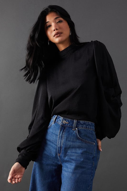 Premium Satin High Neck Pleat Detail Blouse
