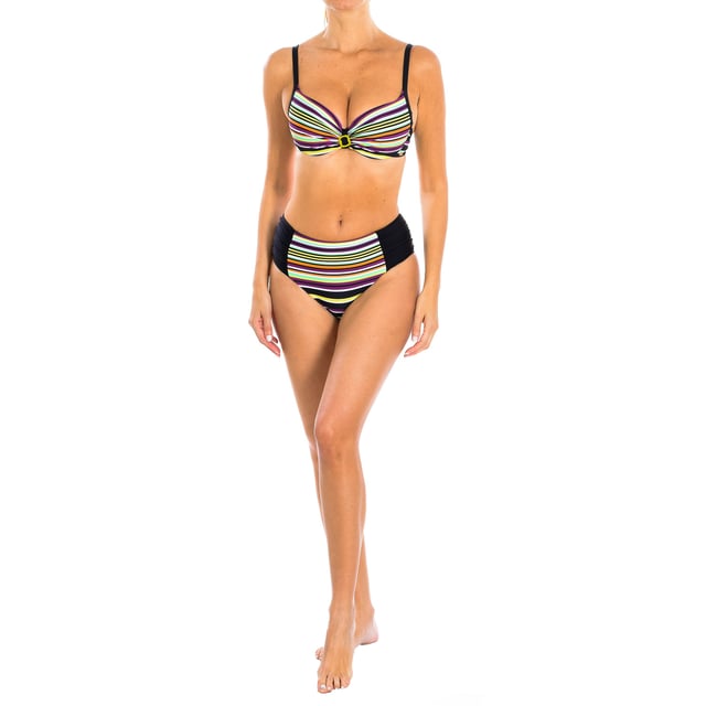 Women's bikini briefs.
 Basic brief cut with medium waist and heeled leg, fully lined and with flattering stripes in fluorine tones.
 Color Black-striped print
 Avant-garde fabric with high molding power, high resistance to chlorine, tanning creams and oils, and excellent moisture absorption properties.

 Composition: Exterior: 80% Polyamide, 20% Elastane; Inner: 84% Polyester, 16% Elastane.

 Handwash.
 Do not iron or use bleach.
 Do not tumble dry.
 Do not twist to drain.
 Composition: Exterior: 80% Polyamide, 20% Elastane; Inner: 84% Polyester, 16% Elastane.
 Care:
Handwash.
 Do not iron or use bleach.
 Do not tumble dry.
 Do not twist to drain.