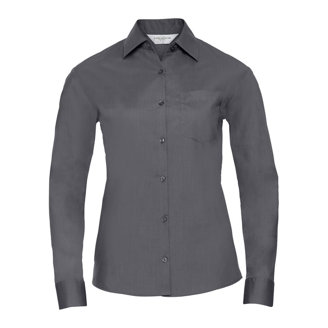 65% Polyester, 35% Cotton Poplin. Design: Plain. Pockets: 1 Chest Pocket. Cuff: Adjustable, Buttoned. Fastening: Button-Down. Neckline: Buttoned, Turn Down Collar. Sleeve-Type: Long-Sleeved. Hem: Rounded. Fabric Technology: Durable. Easy-Care. Fit: Classic. 110gsm. Sustainability: Amfori, Better Cotton Initiative, BSCI, Fair Labor Association, Oeko-Tex Standard 100 Certified, WRAP Certified. Suitable for: Embroidery.