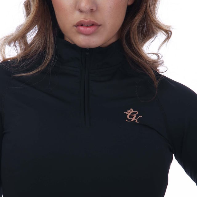 Womens Gym King 1-4 Zip Funnel Neck Sweatshirt in black - gold.- Funnel neckline.- Long sleeves.- 1-4 zip fastening.- Reflective branding.- Slim fit.- 78% Polyamide  22% Elastane.- Ref: WTTA25Y5