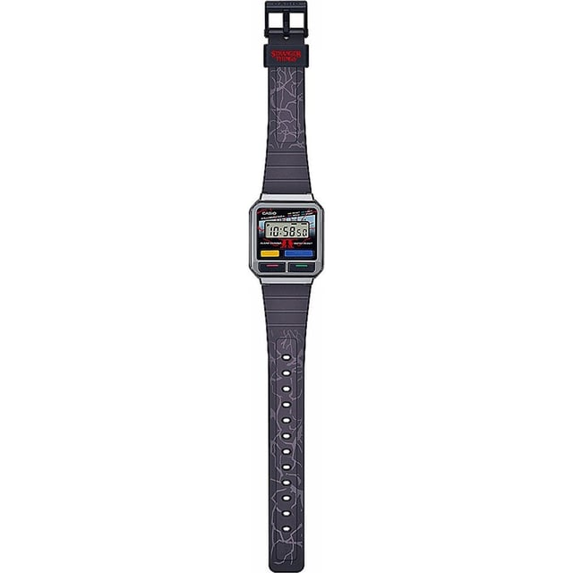 This Casio Casio Collection Vintage Stranger Things Digital Watch for Unisex is the perfect timepiece to wear or to gift. It's Grey  Rectangular case combined with the comfortable Black Plastic watch band will ensure you enjoy this stunning timepiece without any compromise. Operated by a high quality Quartz movement and water resistant to 3 bars, your watch will keep ticking. Step into an alternate dimension with an exclusive Casio collaboration inspired by the global megahit, Stranger Things. This Digital watch has a calendar function: Day-Date , Stop Watch , Alarm and Light High quality 20 cm length and 20 mm width Black Plastic strap with a Buckle Case measurement: 32 X 33 mm,case thickness: 9 mm, case colour: Grey and dial colour: Multicolour