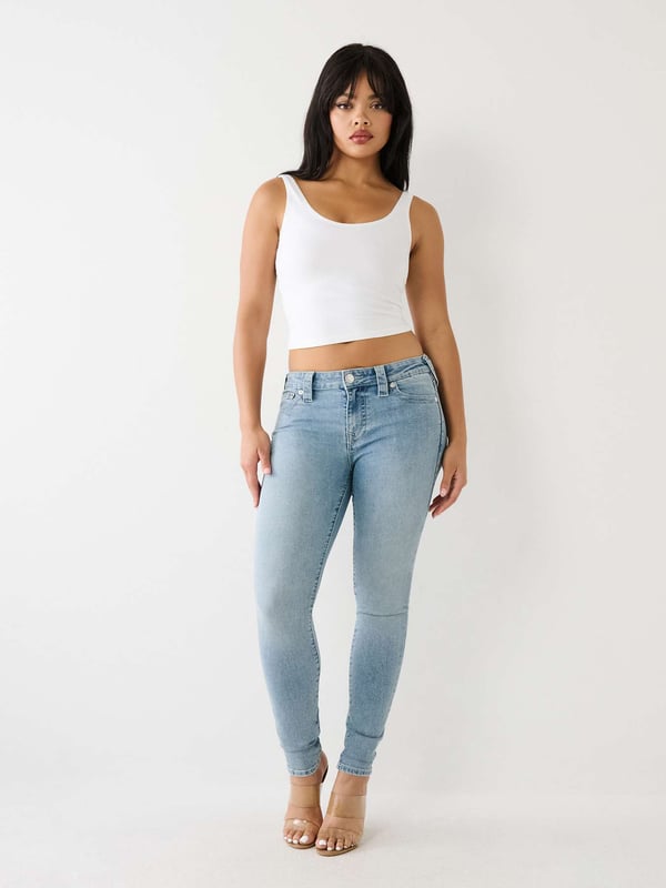 The Jennie is a skinny built for curves. This mid rise women's curvy skinny jean prevents gapping at the waistband and is specially designed to maximize shape retention tHIGH RISEoughout the day. Featuring subtle fading, clean hardware, and white stitching. Finished with 1/2" horseshoes along the back pockets.