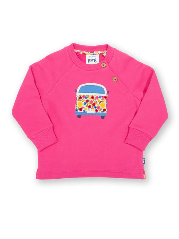 Hooray for today! Kite's let's go sweatshirt is the perfect companion for time spent adventuring and exploring. Stylish and practical with a lovely camper van appliqué on super-soft carmine pink brush back sweat fabric. What are you waiting for? Let's go!
