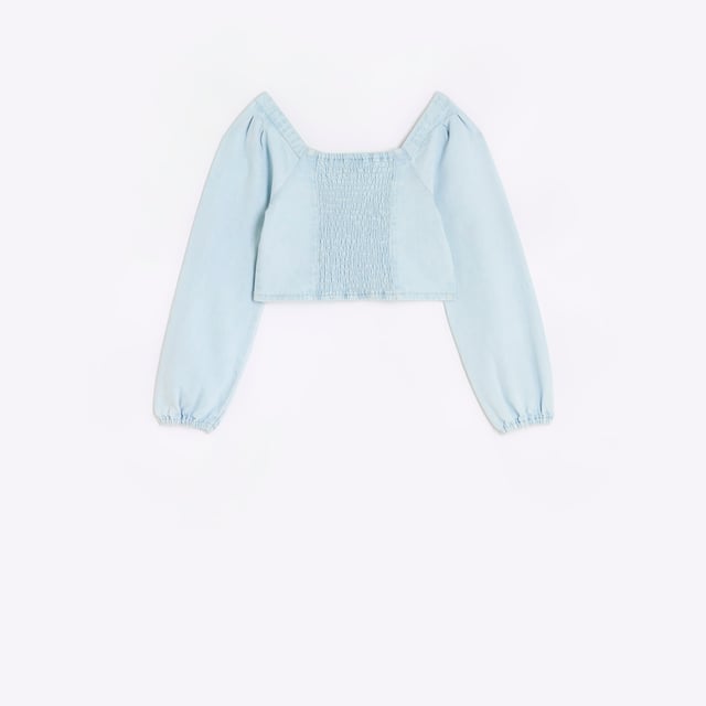Embellished, Denim, Long sleeve, Corset style, Ruched back, Square neck, Cropped