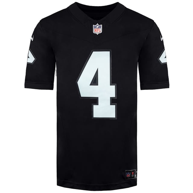 The Nike NFL Las Vegas Raiders #4 Derek Carr Home Limited Player Jersey is an officially licensed NFL jersey that allows you to proudly represent your favorite player and team. Whether you're cheering for the Raiders at Allegiant Stadium, watching the game from home, or displaying it as part of your sports memorabilia collection, this limited jersey is the ultimate way to showcase your support for Derek Carr and the Las Vegas Raiders.

Key Features:

 Officially Licensed:  This jersey is officially licensed by the NFL, ensuring its authenticity and adherence to league standards.

 Player-Specific Design:  The jersey is designed to replicate the style and fit of the jerseys worn by Derek Carr on the field, providing an authentic player experience.

 High-Quality Materials:  Crafted from high-quality, durable materials that are designed to withstand the demands of the game.

 Stitched Numbers and Letters:  The jersey features stitched player number and name on the back, enhancing durability and creating a premium appearance.

 Team Logo and Colors:  The Las Vegas Raiders' team logo and colors are prominently displayed on the jersey, representing your team pride.

 Limited Edition:  Limited edition jerseys often have additional design details, making them unique collector's items.

 Comfortable Fit:  This jersey offers a comfortable fit, allowing for ease of movement and making it suitable for both game days and casual wear.

 Versatile Style:  Whether you're at Allegiant Stadium, watching with friends, or wearing it in your daily activities, this limited jersey complements various outfits and is a versatile choice for any occasion.

The Nike NFL Las Vegas Raiders #4 Derek Carr Home Limited Player Jersey is a premium fan apparel item that allows you to proudly display your love for Derek Carr and the Las Vegas Raiders. Whether you wear it to support the team on game days or showcase it as part of your sports memorabilia collection, this limited jersey is a special way to express your passion for football and your favorite player and team.