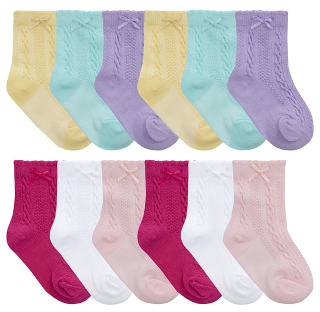 These baby girl cable knit socks are ideal for any little girl. A great gift idea, they come in a pack of 12 pairs, so you'll be able to keep them on hand for whenever you need them. These cute little socks feature an adorable chunky cable knit pattern and are made from a soft cotton rich material with a little bit of stretch for comfort and breathability throughout the day. We have 6 colours per pack: purple, yellow, mint, hot pink, baby pink and white! It's like a rainbow of socks for your baby girl to wear as she grows up. And each pair has a cute little bow on the top that adds some extra style to these classic cable knit socks. They're super soft and stretchy, so they'll stay comfy throughout the day. They're also machine washable and easy to care for. These baby socks come in 12 pairs, are made from 78% Cotton, 20% Polyester, 2% Elastane and come in 3 Baby Sizes: 0-6 Months, 6-12 Months, 12-24 Months. They are safely Machine Washable.