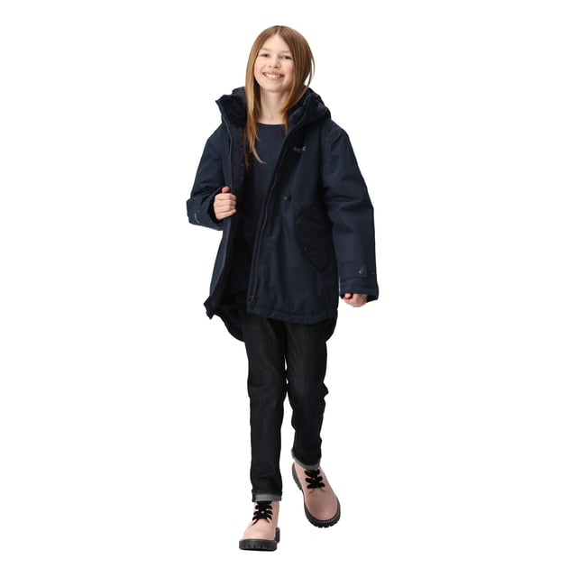 Regatta Childrens/Kids Violane Waterproof Ski Jacket (Navy) Material: 100% Recycled Polyester. Lining: Taffeta. Design: Logo, Sleeve Patches. Fabric Technology: Breathable, DWR Finish, Insulating, Isotex 5000, Reflective, Thermo-Guard, Waterproof, Windproof. 360 Degree Reflection, Taped Seams. Cuff: Adjustable, Snap Fastening. Neckline: Faux Fur Collar, Hooded. Sleeve-Type: Long-Sleeved. Hood Features: Adjustable, Elasticated, Grown On Hood. Pockets: 2 Lower Pockets, Flap Closure, Snap Fastening. Fastening: Full Zip. 5000g/m²/24hrs. Hem: Drawcord, Fishtail. Please Note: Printed Name Label up to Age 8. Sustainability: Made from Recycled Materials.