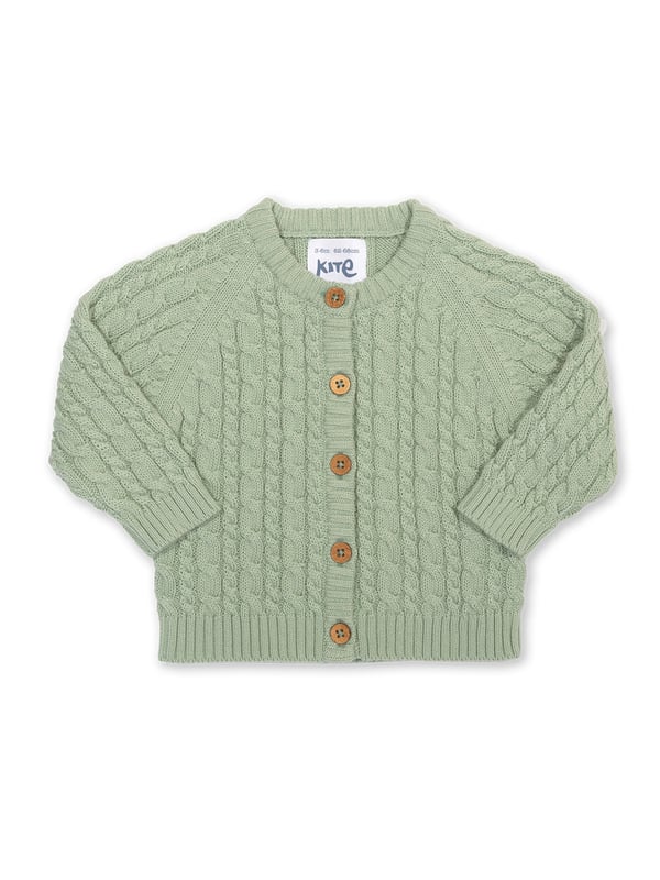 100% organic cotton | Proud to be certified to the Global Organic Textile Standard (GOTS) | Sage green | Midweight 7-gauge cable knit | Coconut button fastening | Long sleeved | Round neck | Rib cuffs and hem | Made in India | Machine washable at 40 degrees, or at 30 degrees to be kinder to the planet