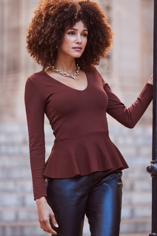 REASONS TO BUY:

Worthy of new favourite top status
Figure-framing peplum hem
V-neck suits all busts
On-trend chocolate hue
You'll wear it for work and play
Style with jeans, trousers or pencil skirts