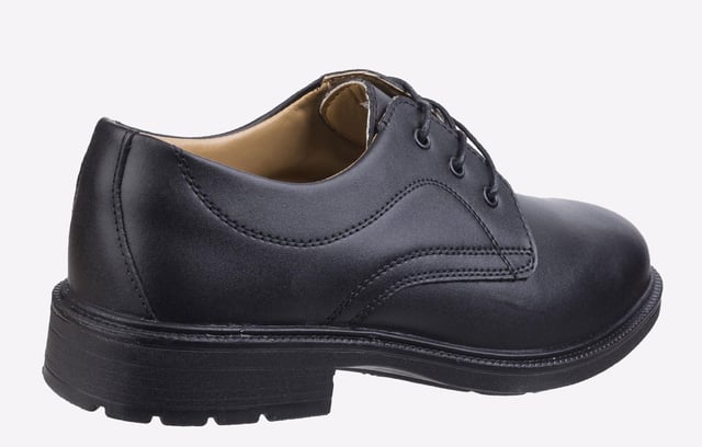 Amblers deliver a smart formal leather safety shoe, ideal for industrial office wear and uniform. Steel toe, non-metal anti-penetration midsole, antistatic and durable PU outsole, these are a practical choice in style and safety.
- Smart and safe Gibson ideal for industrial office wear and uniform use- Mono-black, plain front shoe crafted with a smooth leather upper- Constructed with PU outsole offering excellent slip resistance- Lace up front with 3 eyelets- Steel toe cap protection against 200 joules impact- Anti-static- Energy absorbing heel- Conforms to EN ISO 20345:2011 Safety footwear standards- Passes SRC slip resistance standards