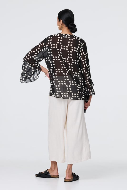 Get all of the style with none of the effort thanks to this blouse. It has a v-neck and 3/4 flared sleeves that will look timeless and elegant, whether you're wearing it for work or leisure. Plus, it has a semi sheer mesh layer and a modern curve hem for a unique finishing touch. Wear with smart trousers, a skirt or even jeans for a chic look.