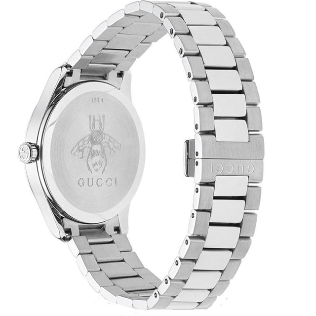 Merk: Gucci (geïmpliceerd)Assortiment: G-TimelessLeverancier Code: YA1264076Horloge uurwerk: QuartzWaterbestendigheid: 50 MeterCase Maat: 38mm (geschikt voor unisex dragen)Kleur wijzerplaat: ZilverMarkeringen: StippenStrap/Finish: Gepolijst roestvrij staal Bandtype: ArmbandSluiting Type: Gesp Type glas: Saffier kristallen glas