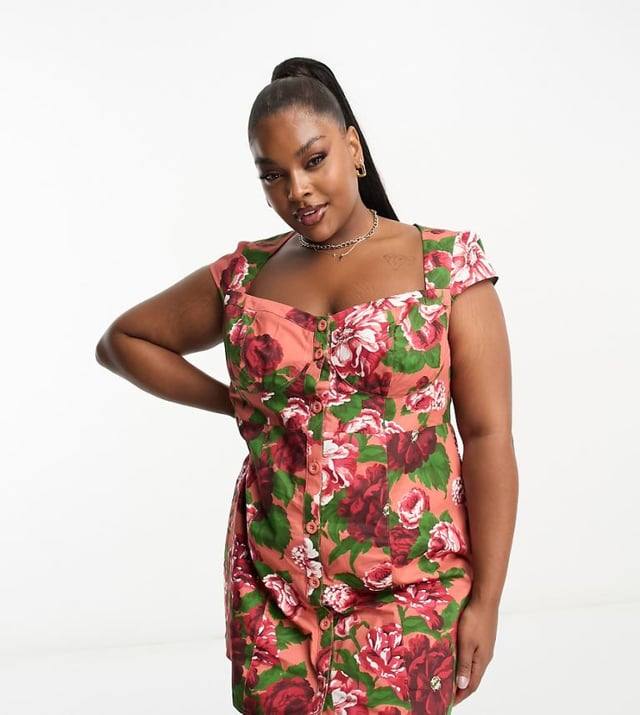 ASOS DESIGN Curve mini button through twill dress with cup detail in bloom  floral print-Multi