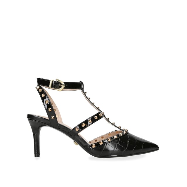 The Carvela Samba Court heel features a black upper with statement gold studs across the straps. The enclosed toe is pointed and the heel is in a stiletto style. Heel height: 70mm.