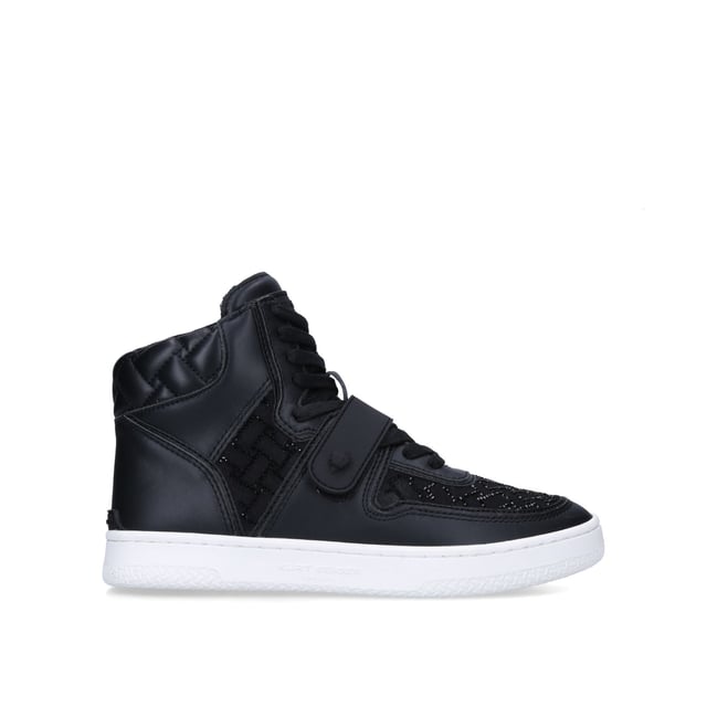 The Kurt Geiger Legacy Crystal sneakers feature a quilting design made with black crystals. The front is lace up with rubber strap going across the foot topped with mini black Eagle head. The ankle is softly padded with overstitch quilting.