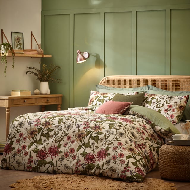Enjoy a restful night's sleep in this beautiful Wallflower bedding, inspired by vintage botanical illustrations and tranquil bedroom tones. Printed on a soft cotton rich fabric with a textured slub finish, for a relaxed finish that looks timeless. The reverse features a 180tc cotton rich percale, for added comfort whilst you sleep.