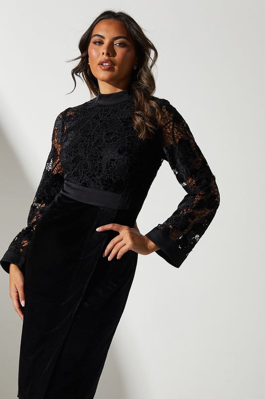 High Neck Velvet Lace Column Midi Dress