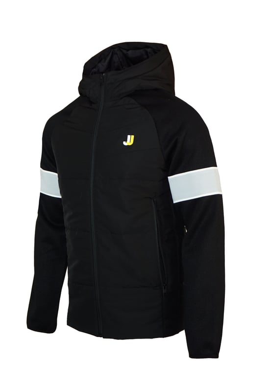Veste matelassée sportive avec capuche, poches latérales zippées et logo imprimé en coupe régulière.