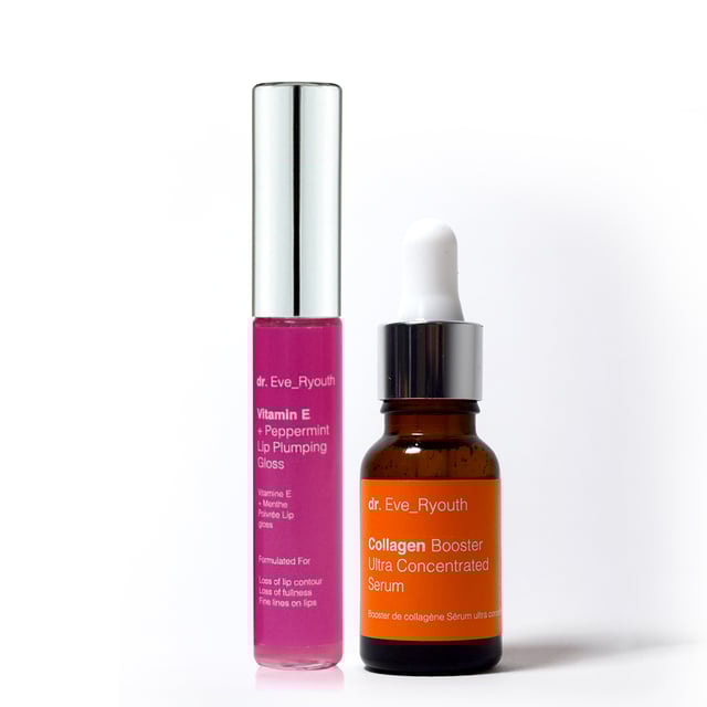 Kollagen-Booster Ultra-Konzentriertes Serum 15ml
 
 Formuliert für:
 Fältchen und feine Linien
 Verlust von Festigkeit
 Ungleichmäßiger Hautton
 
 Das Collagen Ultra Concentrated Serum wurde speziell für feine Linien und Fältchen sowie für Haut, die ihre jugendliche Fülle verliert, entwickelt. Es enthält einen hydrolysierten Sojafaserstoff, der das Erscheinungsbild von feinen Linien und Falten verbessern soll.
 
 Fakten:
 +1 Super-Falten-Wirkstoff
 +1 super feuchtigkeitsspendender Inhaltsstoff
 +2 leichte Öle

 Vitamin E + Peppermint Lip Plumping Gloss enthält pflegende und aufpolsternde Inhaltsstoffe, die den Lippen ein pralleres, voluminöseres und jugendlicheres Aussehen verleihen sollen.
